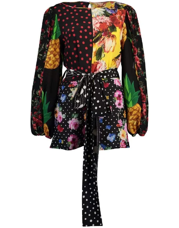 Long-Sleeved Patchwork Crepe De Chine Blouse With Belt Casual Stripe Blouse