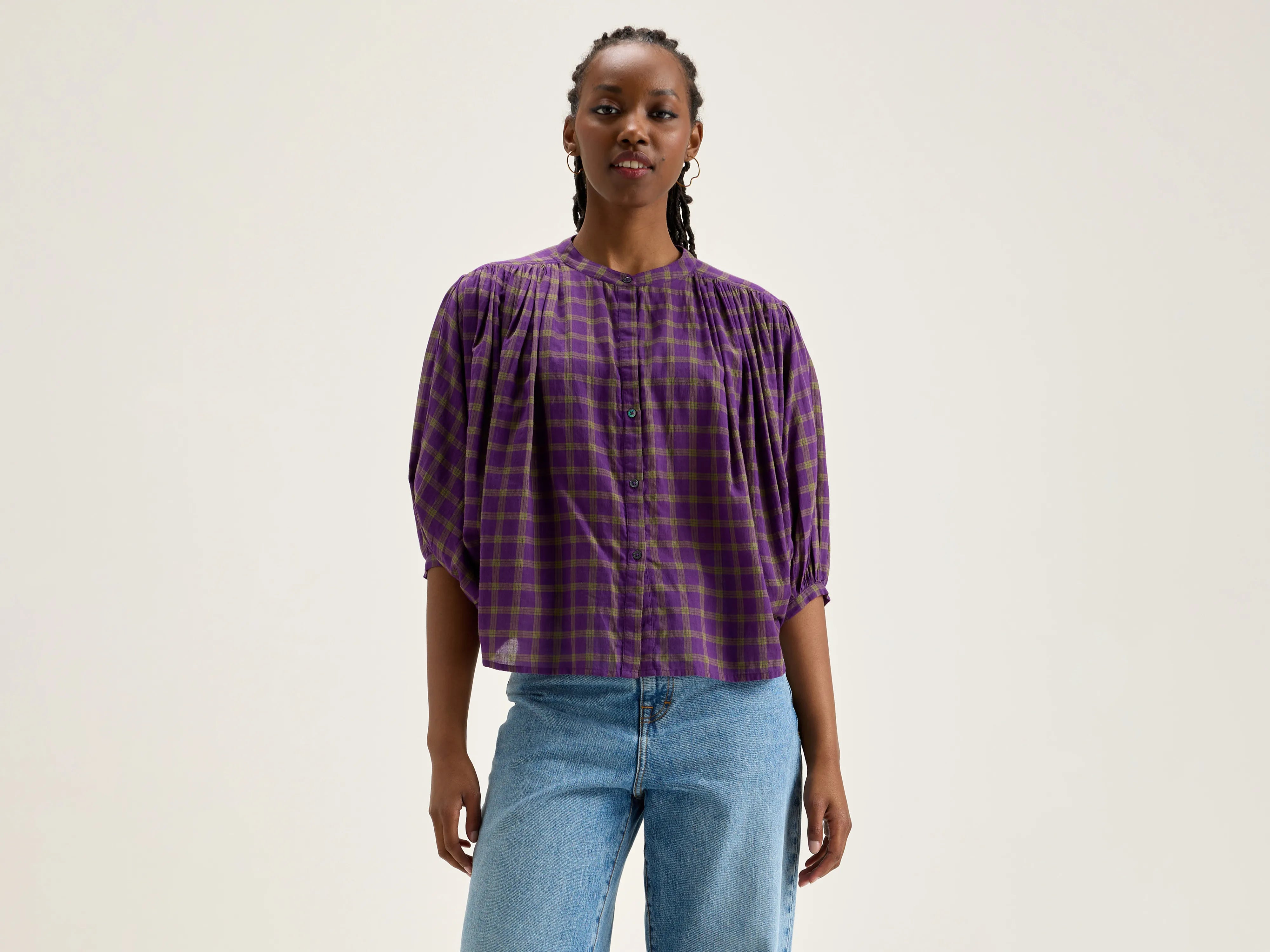 Ink cropped blouse (242 / W / CHECK A) Elegant Semi-Sheer Blouse