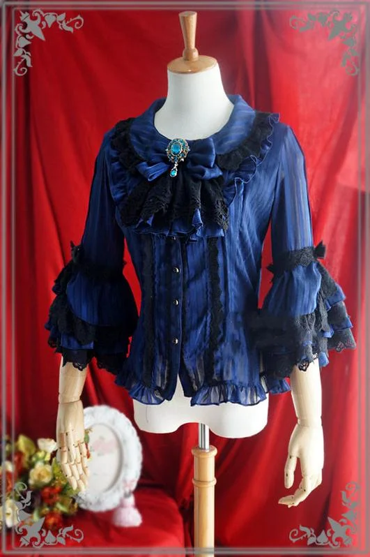 Strawberry Witch~Flower Wedding White Dark Blue Blouse Smart Business Blouse