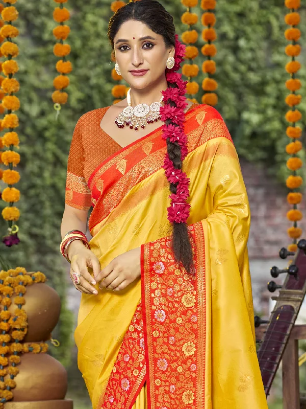 Women Yellow Silk Saree With Un Stitched Blouse Chic Wrap Blouse