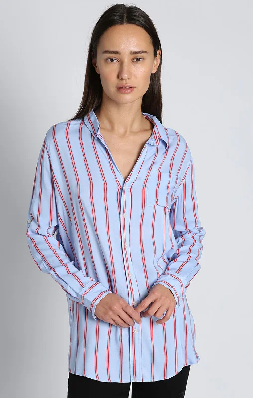 Striped Long Sleeve Tab Rayon Blouse Everyday Stylish Blouse