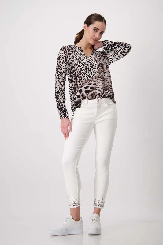 Round Neck Blouse 408204MNR in Hazel Pattern by Monari Lightweight Linen Blouse