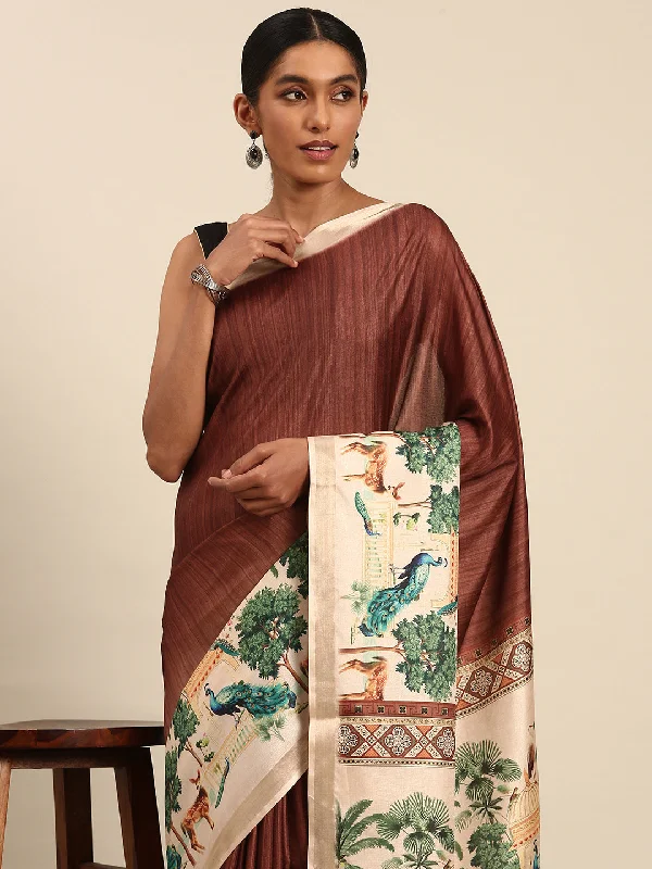 Women Dark Brown Cotton Saree With Un Stitched Blouse Classic White Blouse