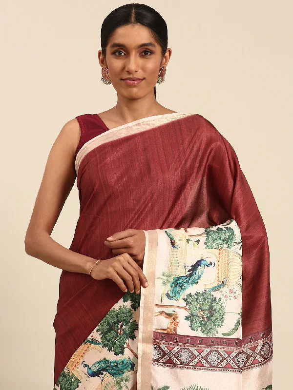 Women Maroon Cotton Saree With Un Stitched Blouse Vintage Lace Blouse