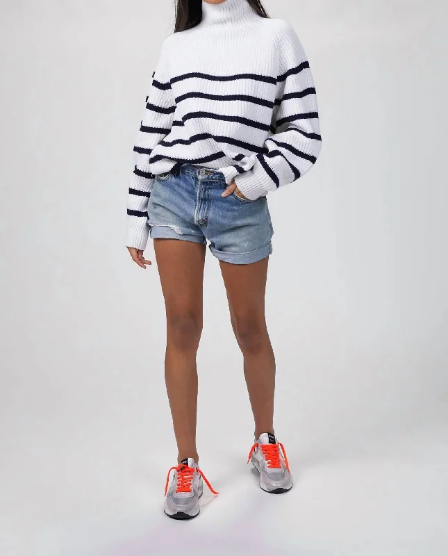 Fiona Striped Sweater In White/navy Sequined Glittery Shiny