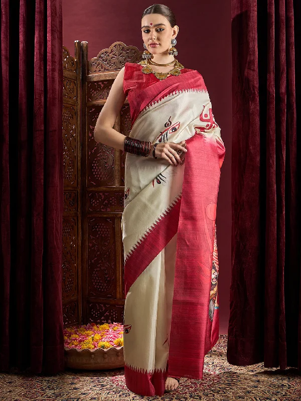 Women's Silk Blend Off White Printed Celebrity Saree With Blouse Piece Romantic Lace Blouse Women's Silk Blend Off White Printed Celebrity Saree With Blouse Piece Romantic Lace Blouse