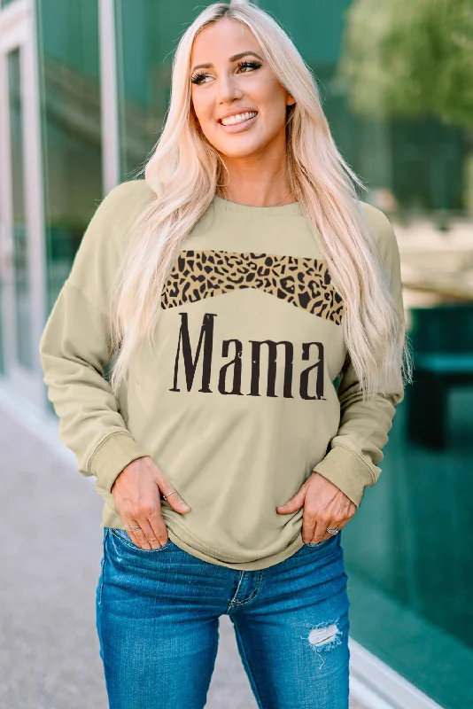 MAMA Leopard Graphic Drop Shoulder Sweatshirt Hoodie with Hem Lace Feminine Delicate MAMA Leopard Graphic Drop Shoulder Sweatshirt Hoodie with Hem Lace Feminine Delicate