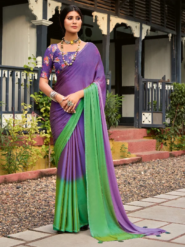 Women's Chiffon Purple Embellished Celebrity Saree With Blouse Piece Satin Drape Blouse Women's Chiffon Purple Embellished Celebrity Saree With Blouse Piece Satin Drape Blouse