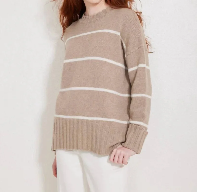 Mila Cashmere Crewneck Sweater In Latte & Light Grey Stripe Welt Pockets Slit Pockets Flap Pockets