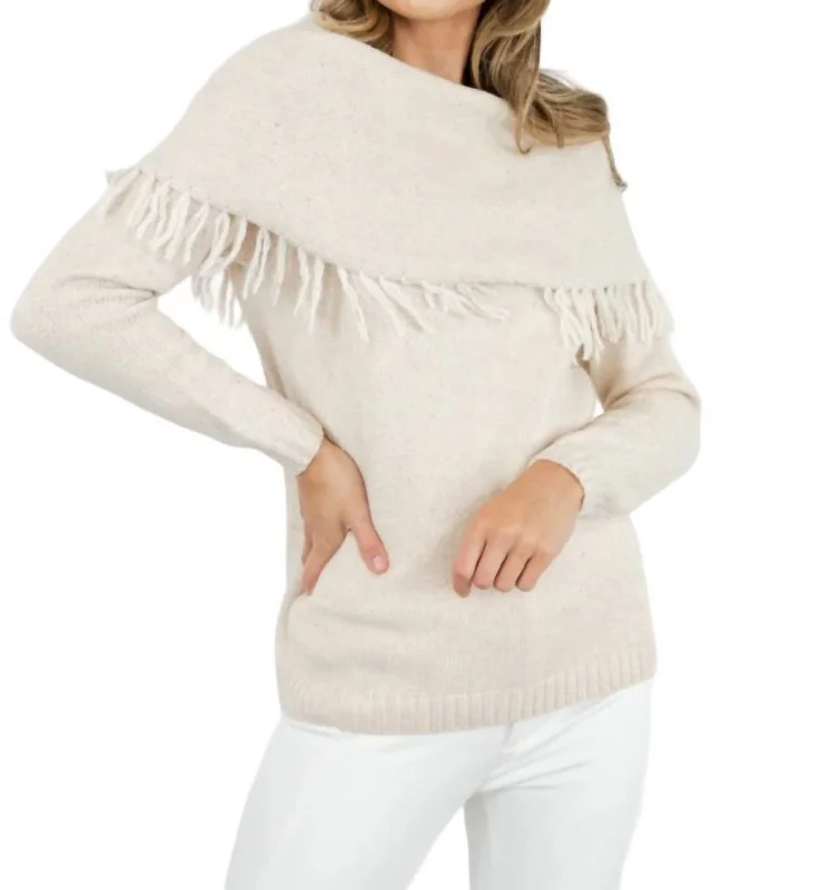 Fringed Cowl Neck Sweater In Ecru Sweater Knitwear Pullover