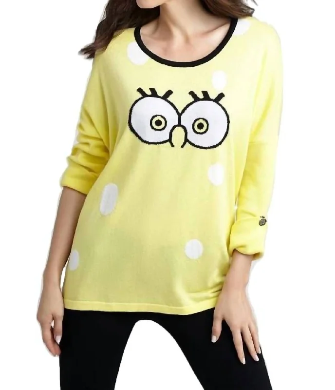 Cartoon Graphic Sweater In Yellow/white Solid Color Striped Floral Print