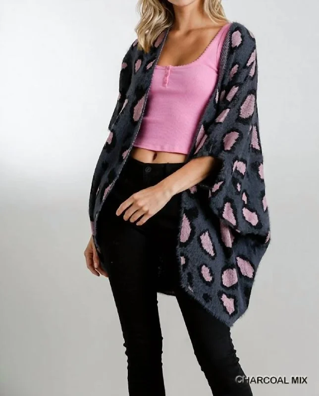 Leopard Short Sweater Kimono In Grey And Pink Modern Contemporary Chic