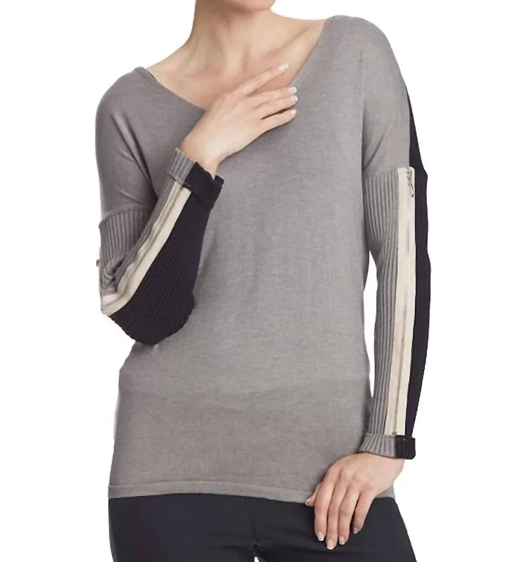 V-Neck Zipper Sleeve Sweater In Gray Multi Fleece Sweater Nylon Polyester