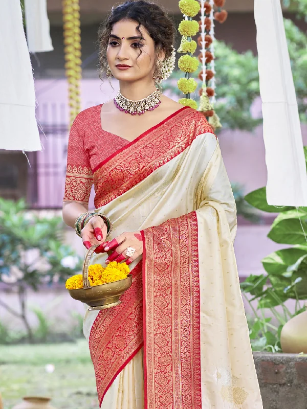 Women Cream Silk Saree With Un Stitched Blouse Classic Striped Blouse