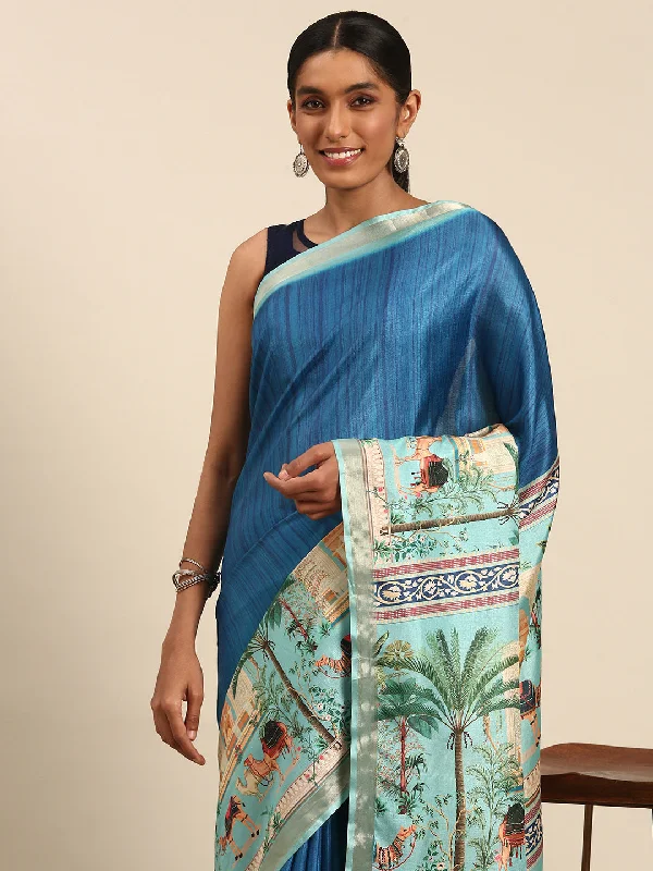 Women Sky Blue Cotton Saree With Un Stitched Blouse Cotton Casual Blouse