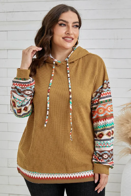 Plus Size Printed Side Slit Waffle-Knit Hoodie Hoodie with Hem Elastic Stretchable Comfortable