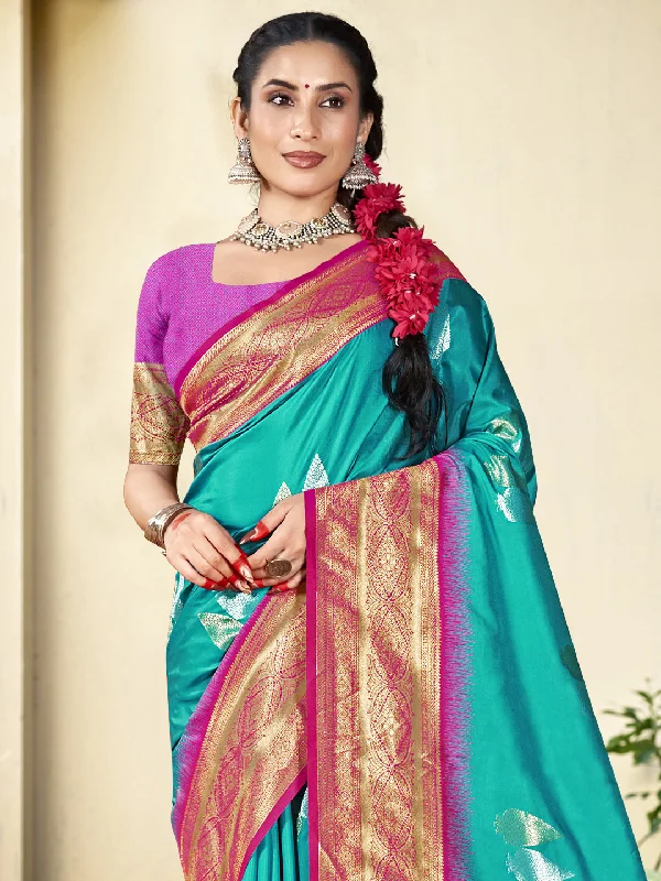 Women Sky Blue Silk Saree With Un Stitched Blouse Satin Drape Blouse