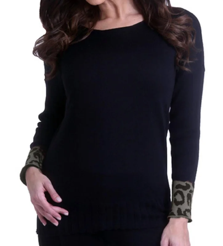 Leopard Sleeve Sweater In Black/gray Wool Sweater Cotton Sweater Cashmere Sweater