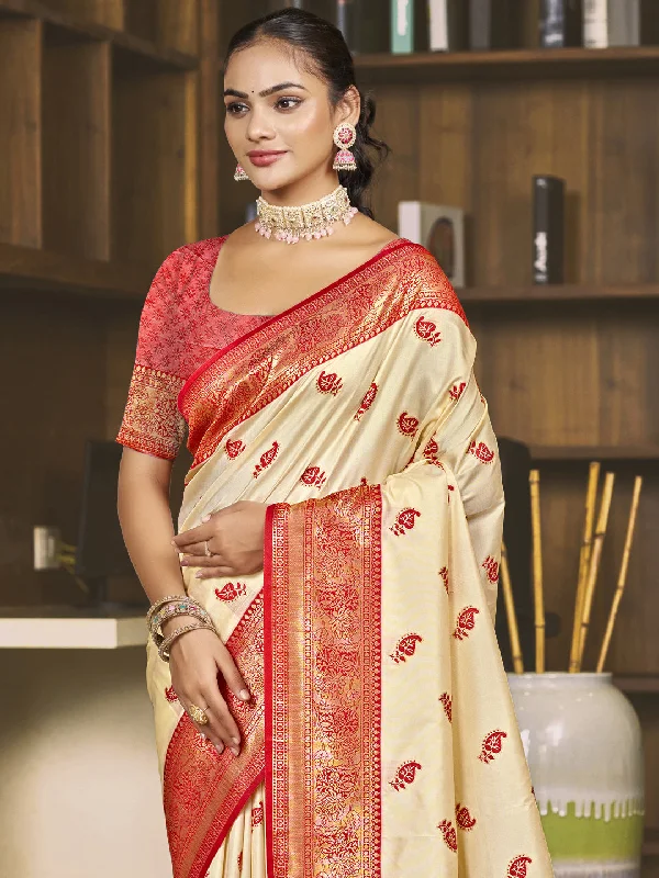 Women Cream Silk Saree With Un Stitched Blouse Vintage Polka Blouse