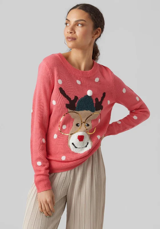 Vero Moda Deer with Sequin Spectacles Christmas Jumper, Hot Pink Front Pockets Side Pockets Patch Pockets Vero Moda Deer with Sequin Spectacles Christmas Jumper, Hot Pink Front Pockets Side Pockets Patch Pockets