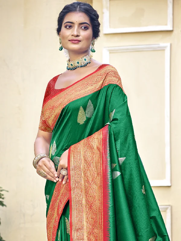 Women Green Silk Saree With Un Stitched Blouse Frilled Cuff Blouse