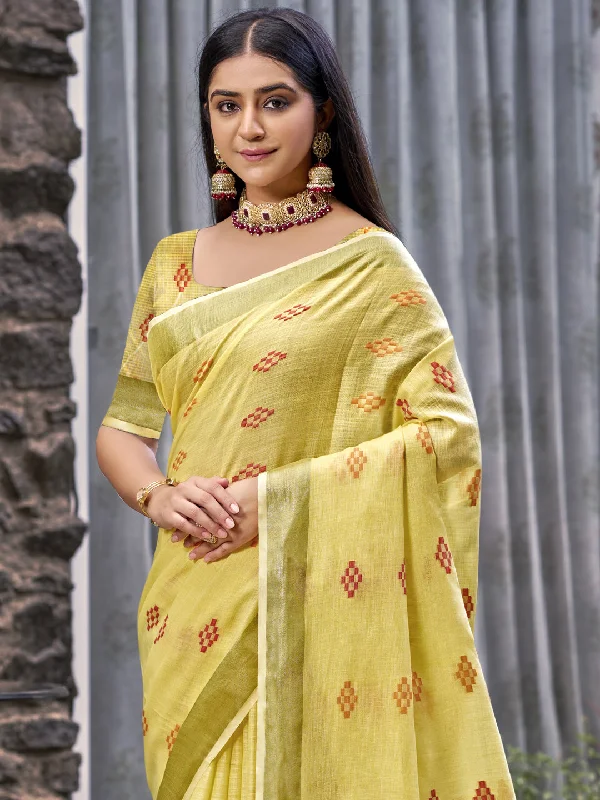 Women Yellow Linen Saree With Un Stitched Blouse Everyday Stylish Blouse