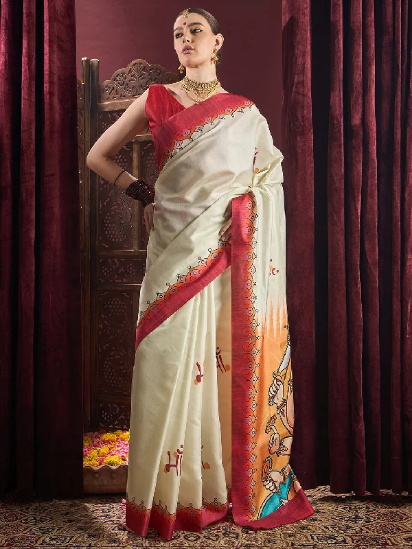 Women's Silk Blend Off White Printed Celebrity Saree With Blouse Piece Loose Oversized Blouse Women's Silk Blend Off White Printed Celebrity Saree With Blouse Piece Loose Oversized Blouse