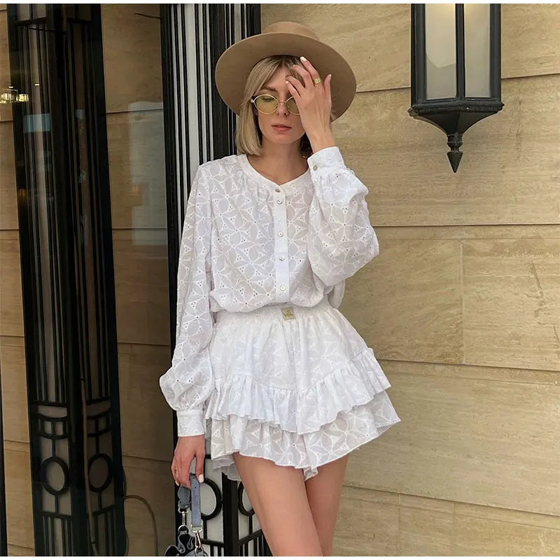 Wjczt Long Sleeved Shirt Shorts Sets Women Summer Stand Collar Single Breasted White Blouse Suits Casual Vacation 2 Pieces Set Outfit Sleeveless Summer Blouse