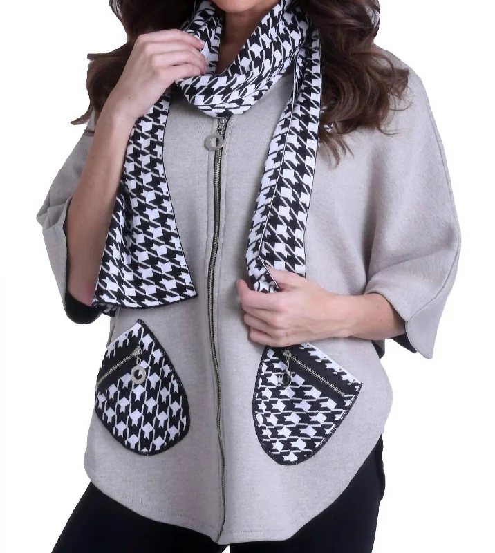 Houndstooth Poncho Sweater In Stone/black Denim Fabric Leather Fabric Suede Fabric