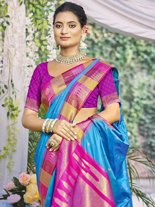 Women Sky Blue Silk Saree With Un Stitched Blouse Classic Minimalist Blouse