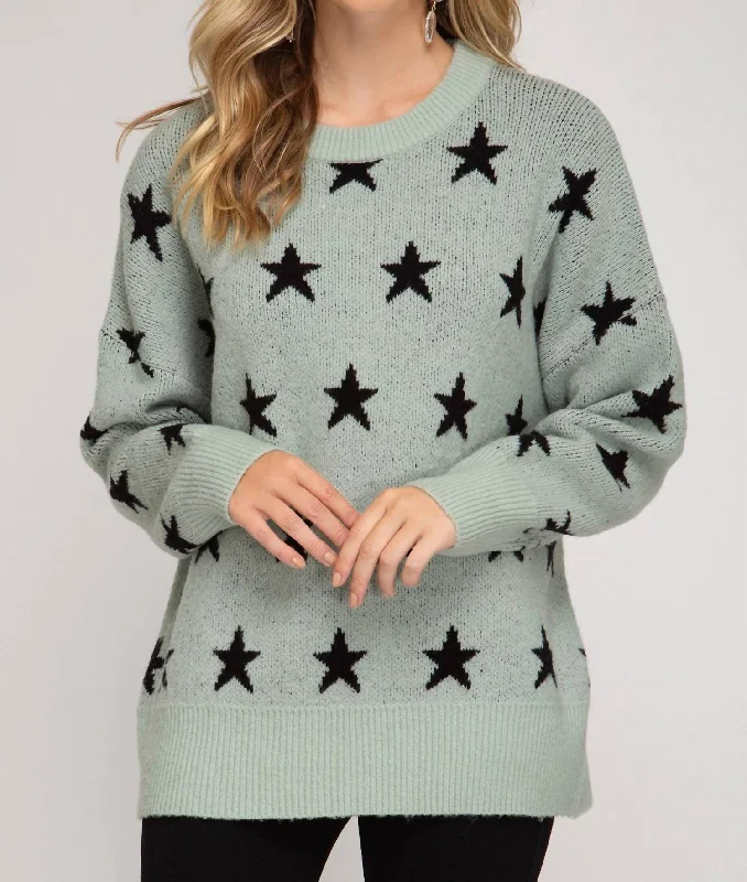 Star Print Slate Tunic Sweater In Green Slim Fit Regular Fit Oversized