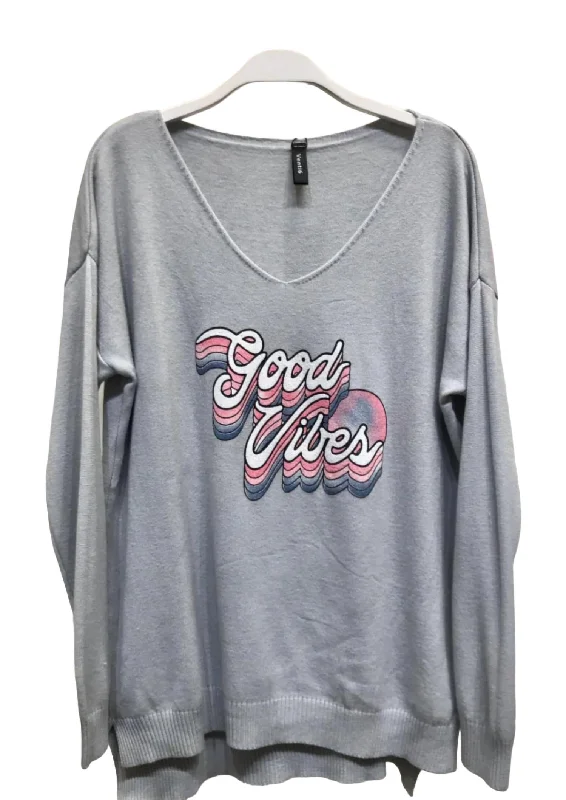 Good Vibes V Neck Long Sleeve Sweater Knit Top In Grey Satin Blend Silk Blend Wool Blend Good Vibes V Neck Long Sleeve Sweater Knit Top In Grey Satin Blend Silk Blend Wool Blend