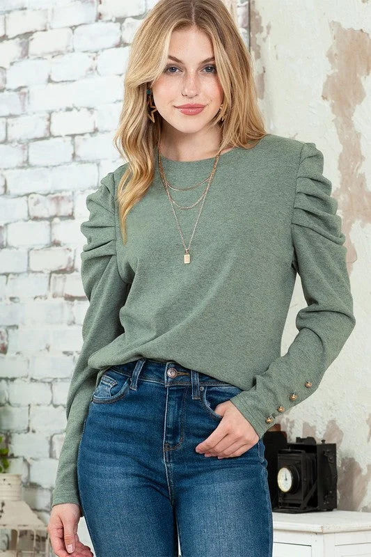 Basic Buttoned Puff Long Sleeve blouse top Satin Long Blouse