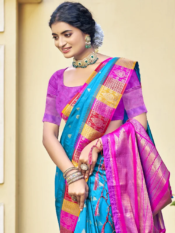 Women Sky Blue Silk Saree With Un Stitched Blouse Satin Long Blouse
