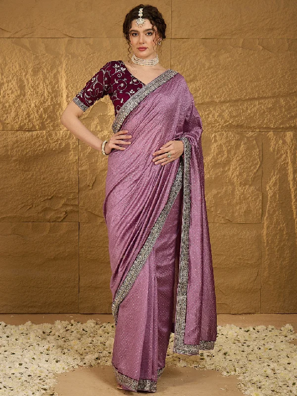 Women's Vichitra Silk Mauve Embroidered Designer Saree With Blouse Piece Sleeveless Chiffon Blouse Women's Vichitra Silk Mauve Embroidered Designer Saree With Blouse Piece Sleeveless Chiffon Blouse
