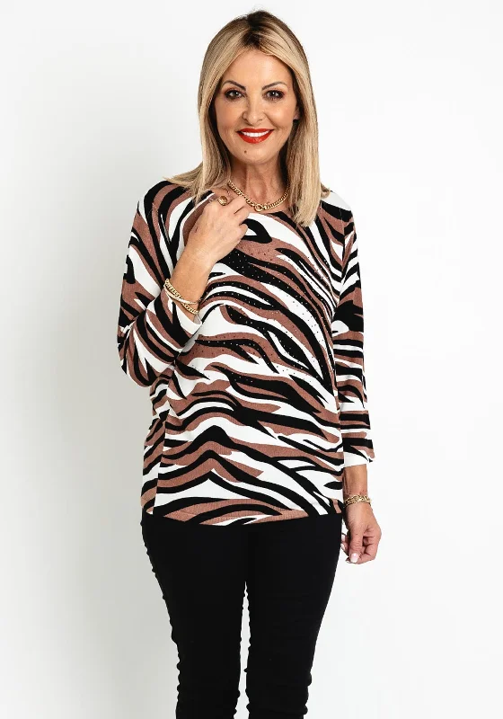 Natalia Collection Rhinestone Stripe Sweater, Brown Ribbed Striped Patterned