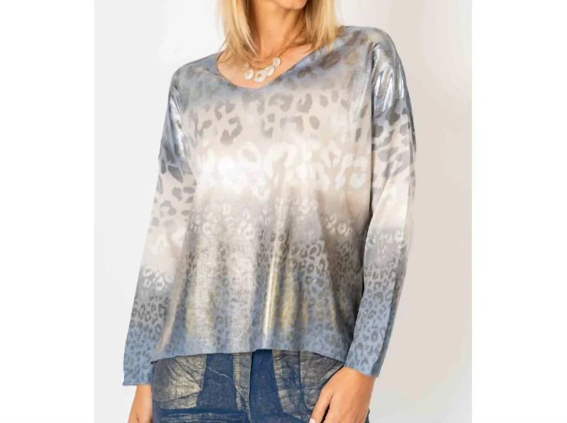 Shimmer V Neck Cheetah Print Sweater In Blue Zippered Buttoned Snapped