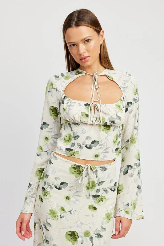 FLORAL BLOUSE WITH NECK TIE Feminine Puff Blouse