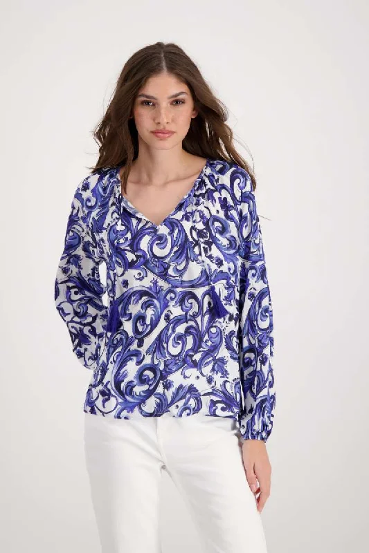 Deep Sea Allover Cloth Print Blouse 407916MNR by Monari Feminine Satin Blouse