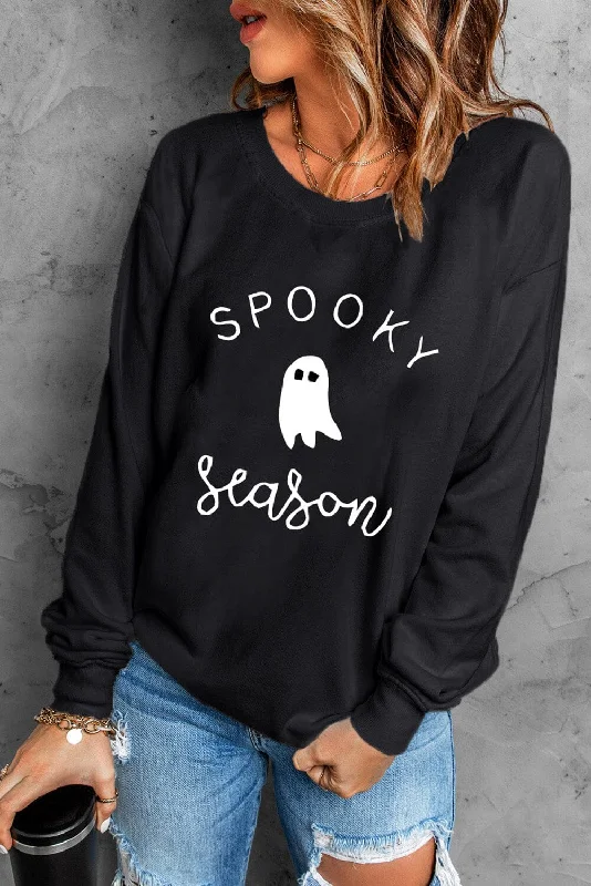 Long Sleeve SPOOKY SEASON Graphic Sweatshirt Hoodie with Hem Frayed Vintage Worn