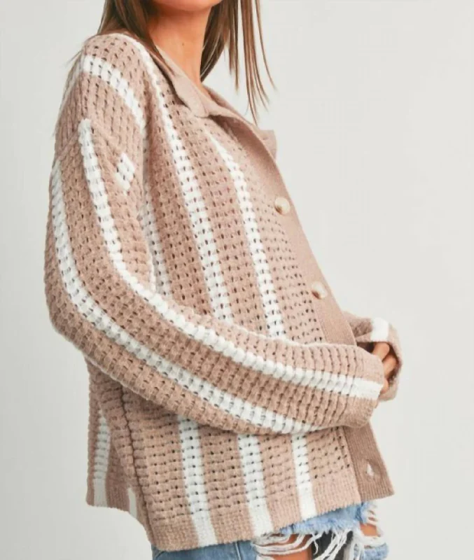 Stripe Button Front Sweater In Beige Solid Print Embellished
