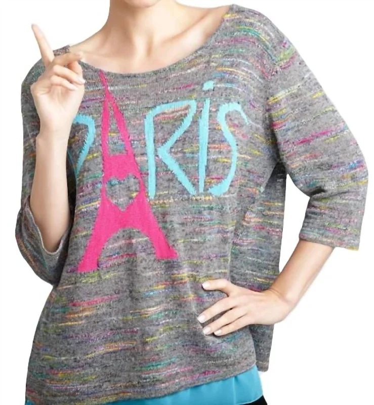 Paris Melange Back Button Sweater In Gray Multi Herringbone Houndstooth Plaid