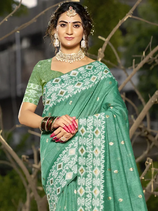 Women Teal Green Linen Saree With Un Stitched Blouse Feminine Tie Blouse