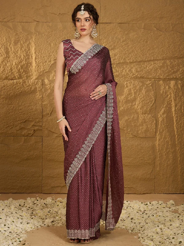 Women's Chiffon Burgundy Embroidered Designer Saree With Blouse Piece Office Formal Blouse Women's Chiffon Burgundy Embroidered Designer Saree With Blouse Piece Office Formal Blouse