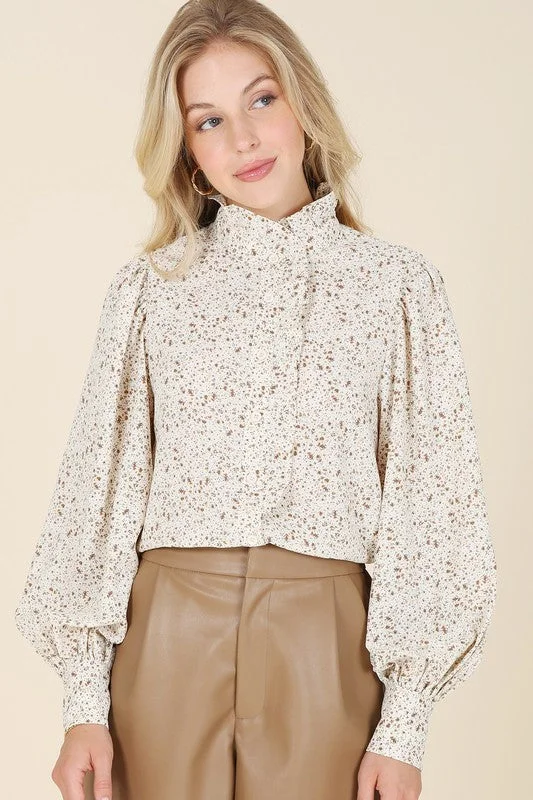 Stand collar floral frill blouse Satin Drape Blouse