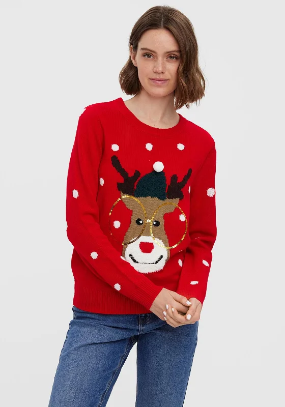 Vero Moda Deer with Sequin Spectacles Christmas Jumper, Chinese Red Striped Floral Plaid Vero Moda Deer with Sequin Spectacles Christmas Jumper, Chinese Red Striped Floral Plaid
