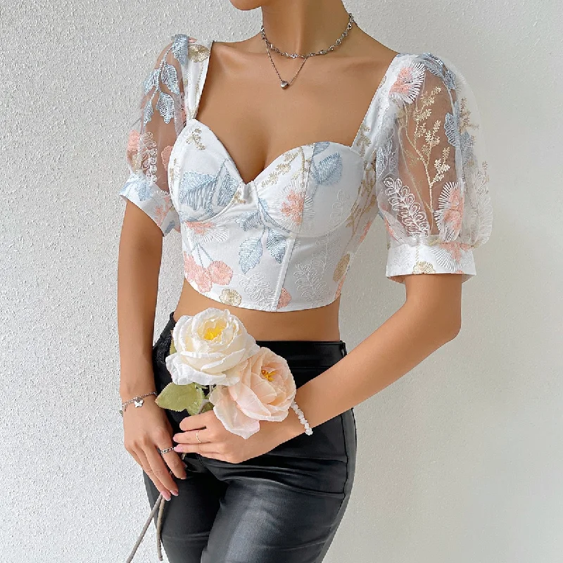 Wjczt Summer Embroidery Floral Blouse Chic Streetwear Fashion Y2K Blouses Sheer Mesh Square Collar Tulle Tops cute tops women Chic Ruffle Blouse Wjczt Summer Embroidery Floral Blouse Chic Streetwear Fashion Y2K Blouses Sheer Mesh Square Collar Tulle Tops cute tops women Chic Ruffle Blouse