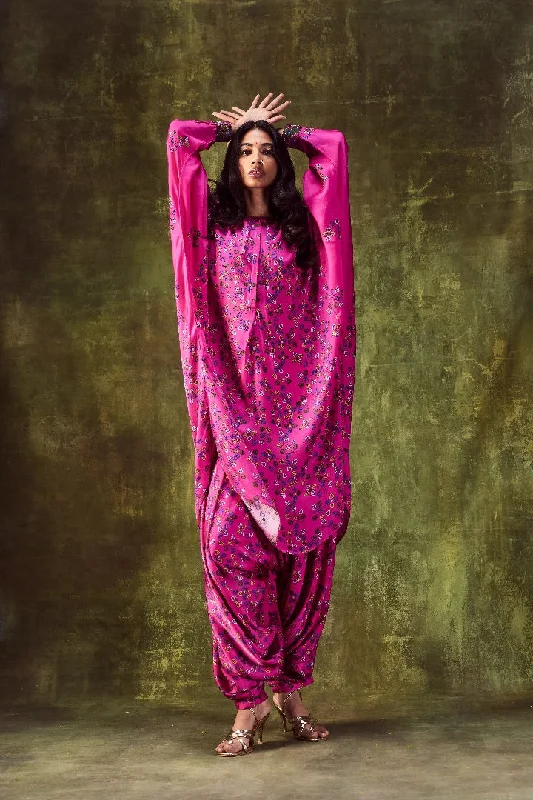 Pink Printed Loose Dress Paired With Cowl Pants Formal Linen Trousers