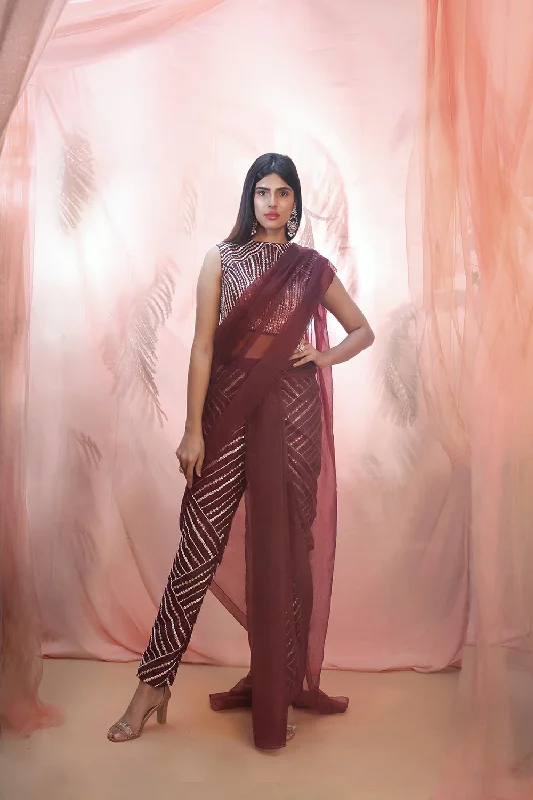 Wine Pant Saree With Cape Soft Wool Pants