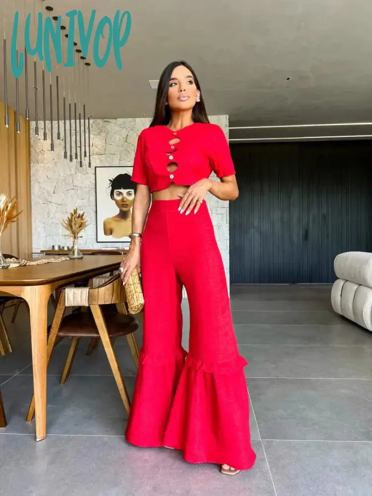 Lunivop High Waist Groups Of Pant Short Top With Long Pants Set For Women V-Neck Fashion Hollowed Out Women Clothing Maxi Trumpet Pants Chic Capri Pants